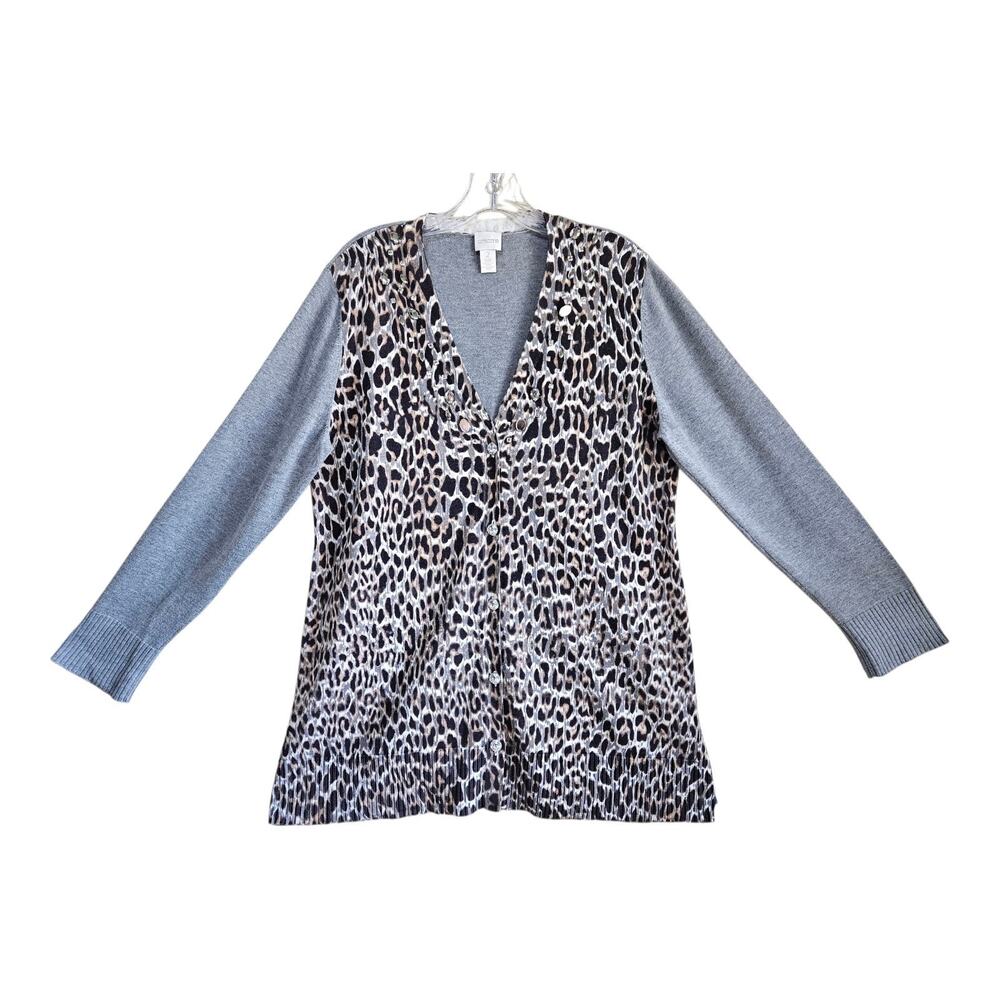 CHICO'S 2 Women's 12 14 Cardigan Sweater Button Up Embellished Animal Print 42"